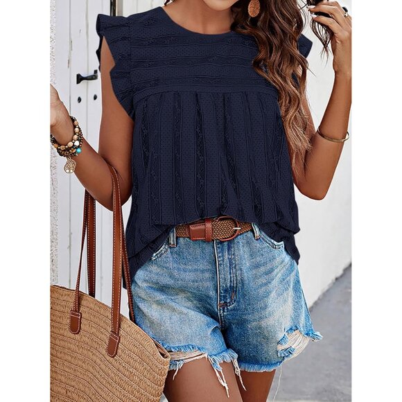 Women's Lace Tank Top Cotton Polyamide Summer Blouse Sleeveless Ruffle - Picture 4 of 7